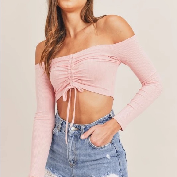 “ANGELA” DRAWSTRING OFF THE SHOULDER CROP TOP - Picture 1 of 5